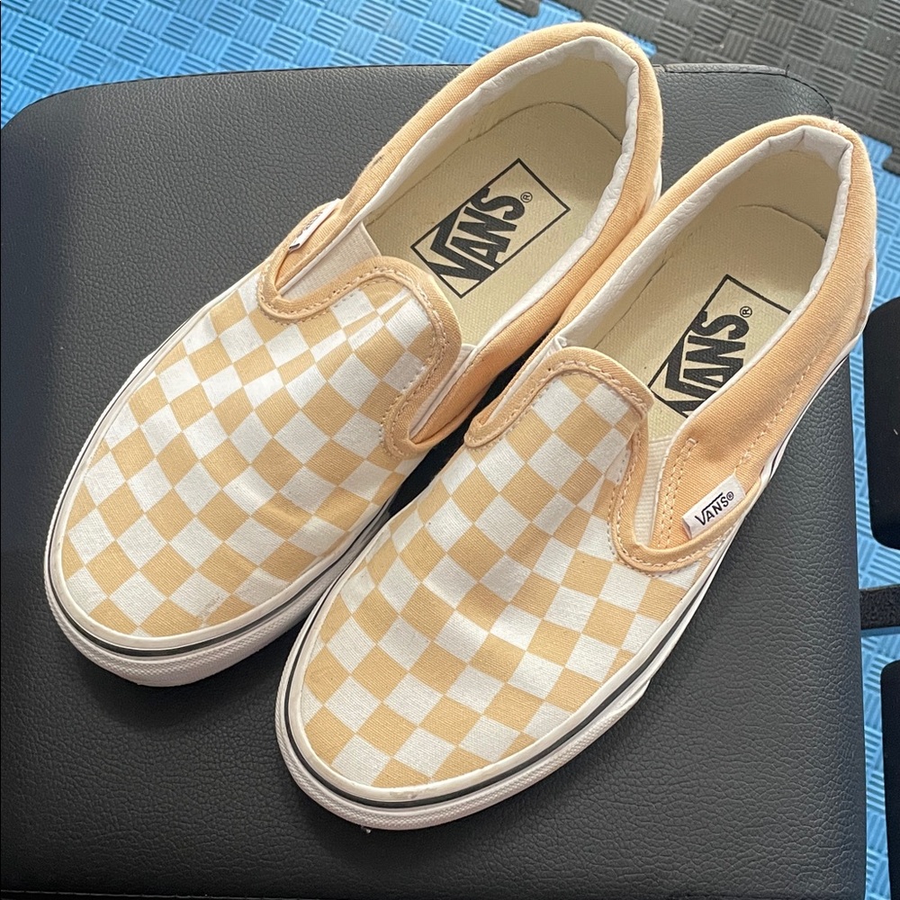 Vans Tan and White Checkered Slip-Ons